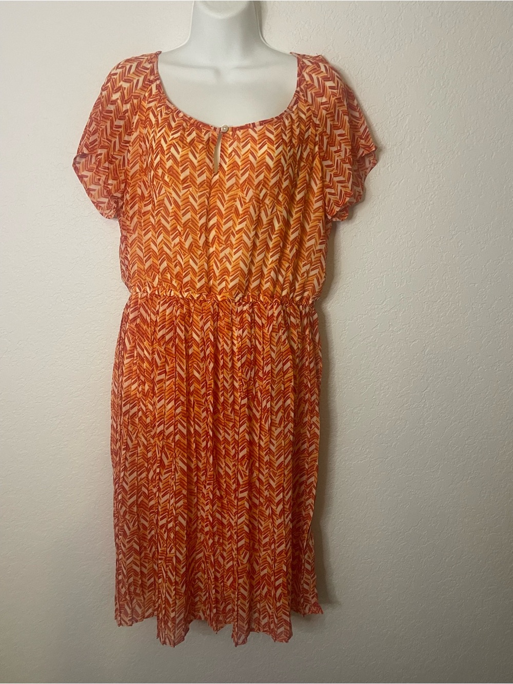 Women's Orange Chevron Midi Dress with Scoop Neck